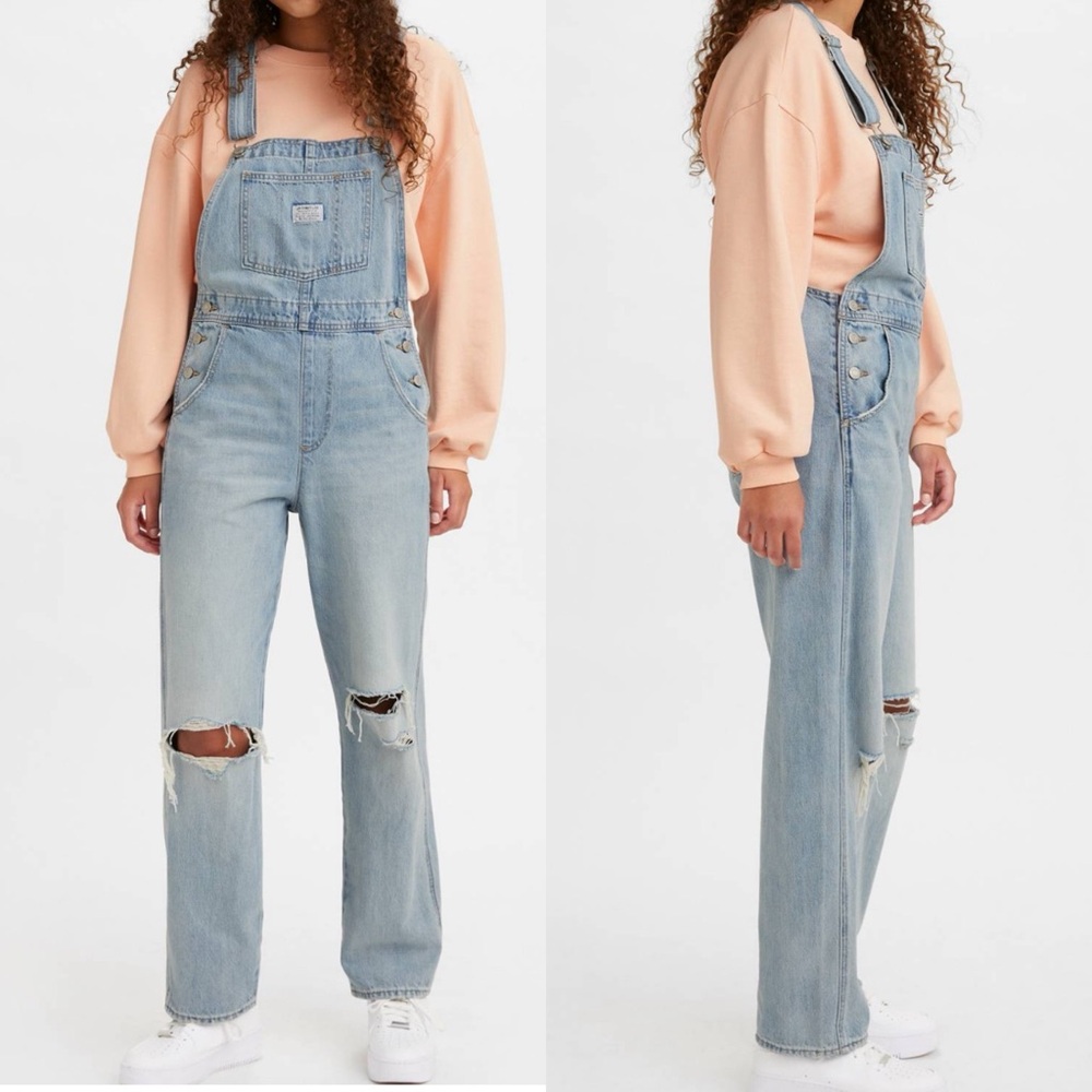 Levi’s Premium Vintage Denim Straight Leg Overalls Bright Light Wash Distressed - Picture 9 of 16